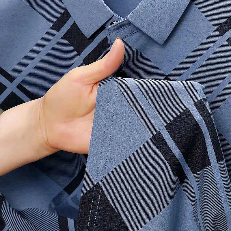Mens Short Sleeve Big Tartan Diagonal Grid Printed Polo Tees Two Tone Placket Buttons Slim Fit Fashion Tops For Men