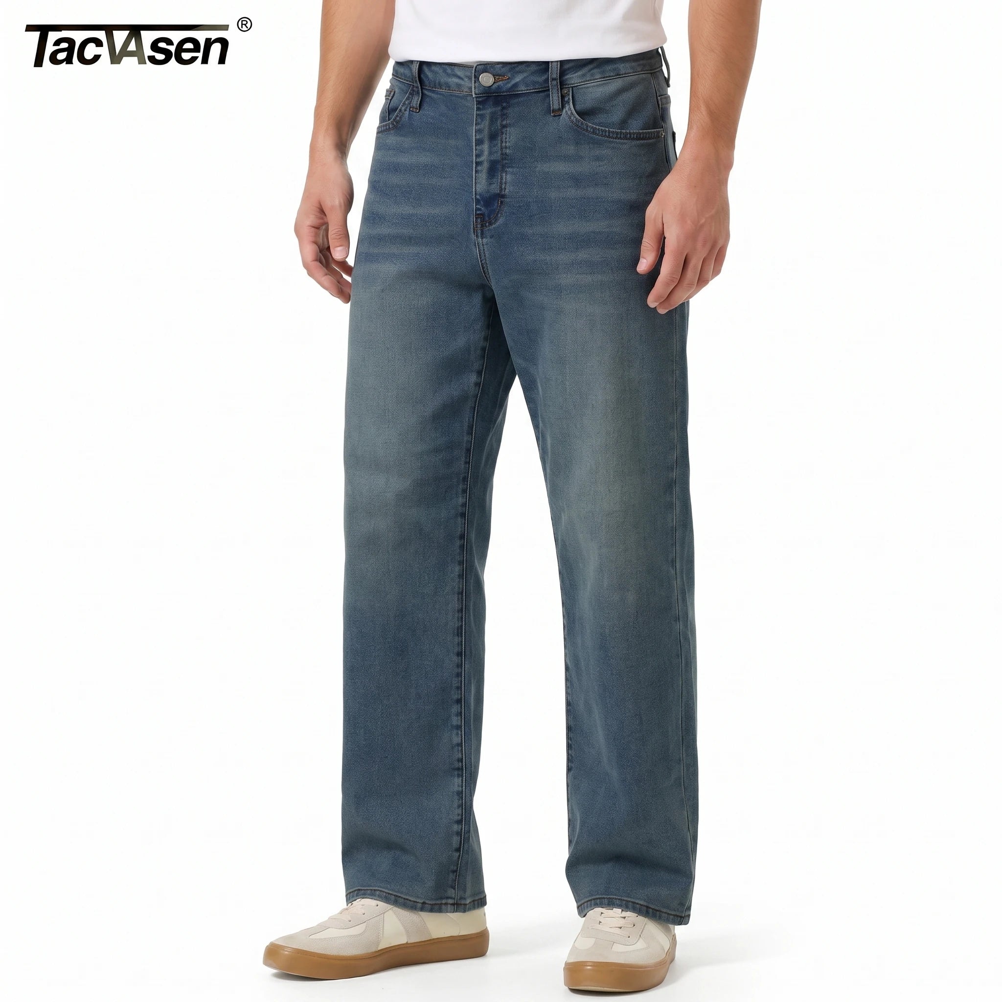 TACVASEN Summer Men's Denim Pants Washed Male Vintage Jeans Straight Casual Menwear Loose Faded Distressed Trousers New Fashion