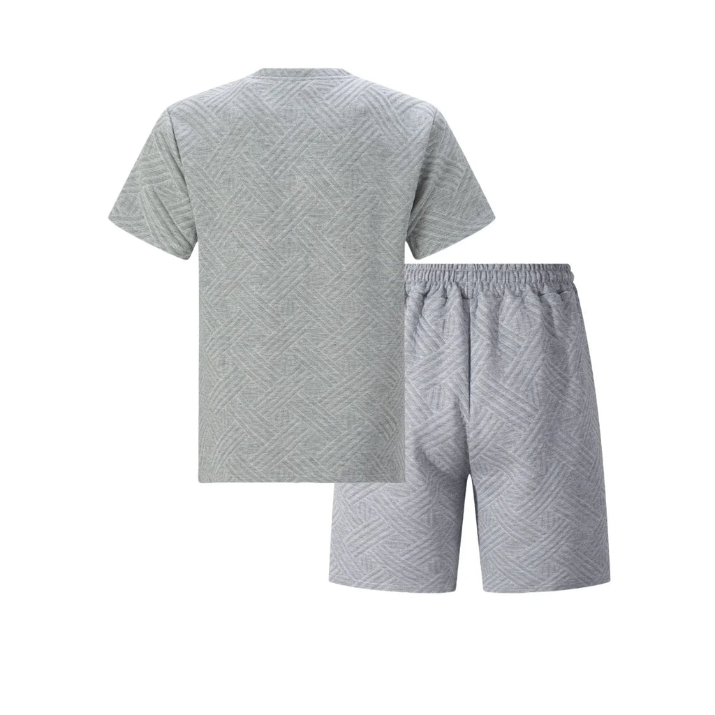 2026 Men's Summer Beige Geometric Textured 2 Piece Set Crew Neck Short Sleeve T-Shirt & Drawstring Shorts Tracksuit