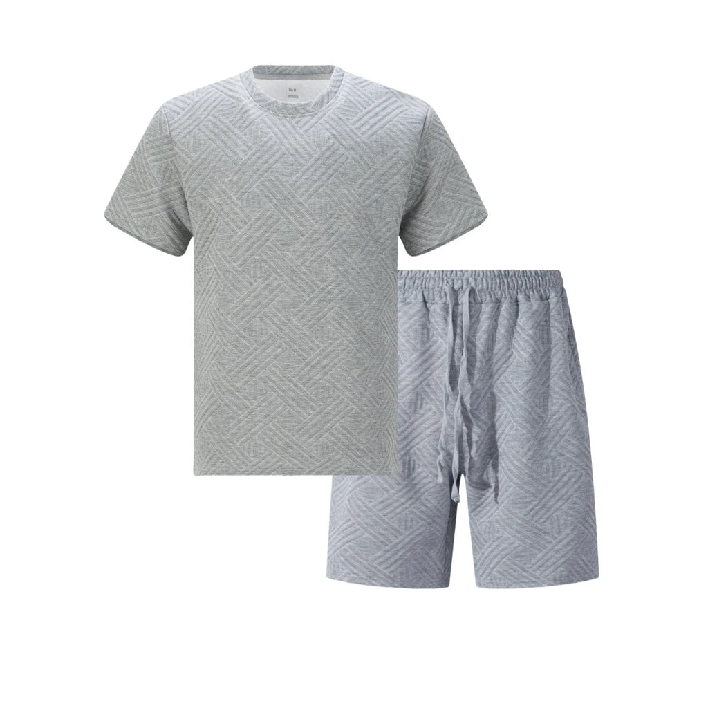 2026 Men's Summer Beige Geometric Textured 2 Piece Set Crew Neck Short Sleeve T-Shirt & Drawstring Shorts Tracksuit