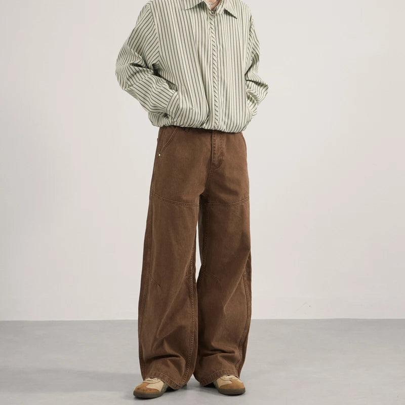 Unisex Green Brown Washed Barrel Jeans Curved Leg Wide Loose Fit Denim Pants Y2K Vintage Baggy Streetwear Trousers for Men Women