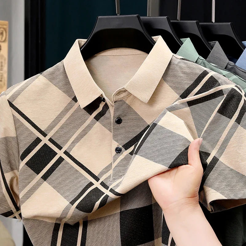 Mens Short Sleeve Big Tartan Diagonal Grid Printed Polo Tees Two Tone Placket Buttons Slim Fit Fashion Tops For Men