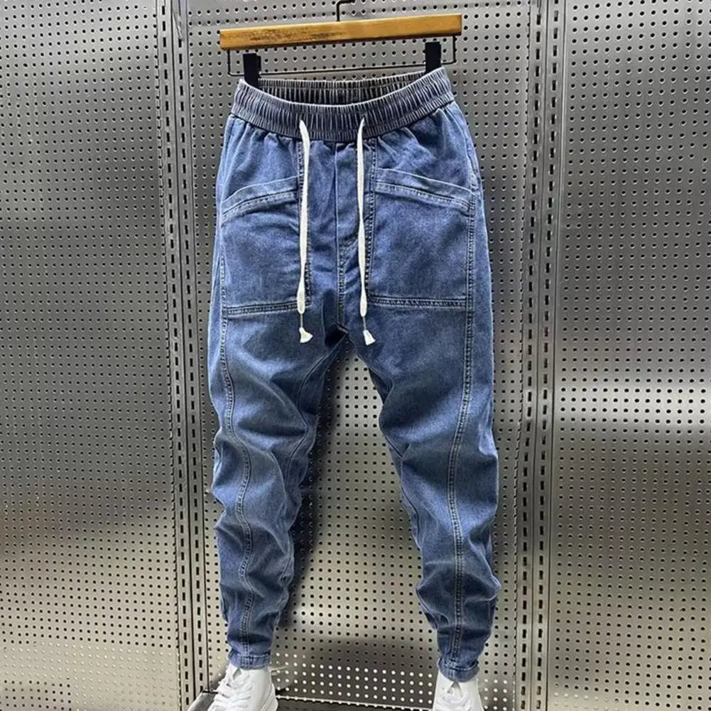 Men Jeans Cargo Harem Denim Pants Drawstring Waist Men's Hip Hop Casual Pants Running Workout Long Pants Men Jogger Sweatpants