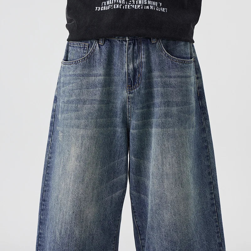 Men's Non-Elastic Denim Seven-Five Shorts Loose Wide Leg Fit Versatile Simple Style Casual Shorts