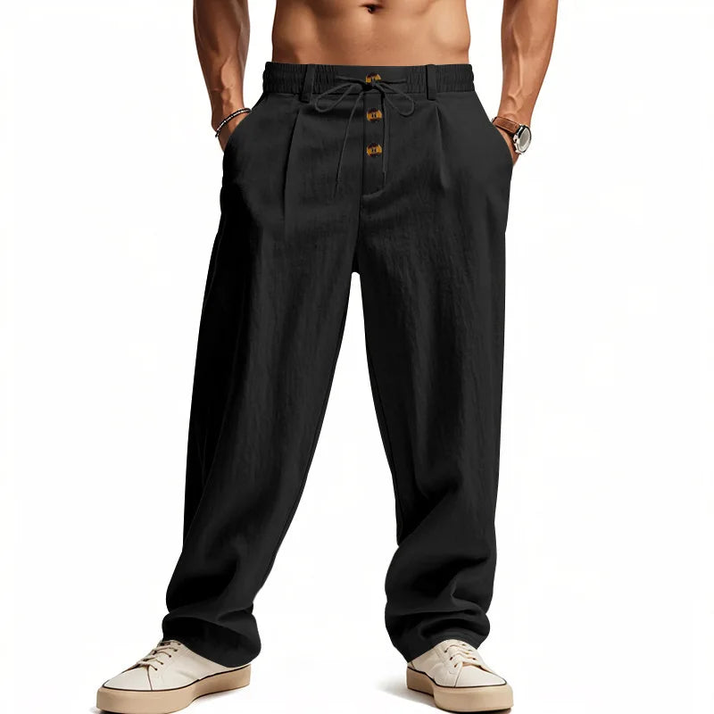 Men's Linen Pants Casual Loose Wide Leg Trousers Elastic Waist Drawstring Summer Beach Pants Lightweight Breathable