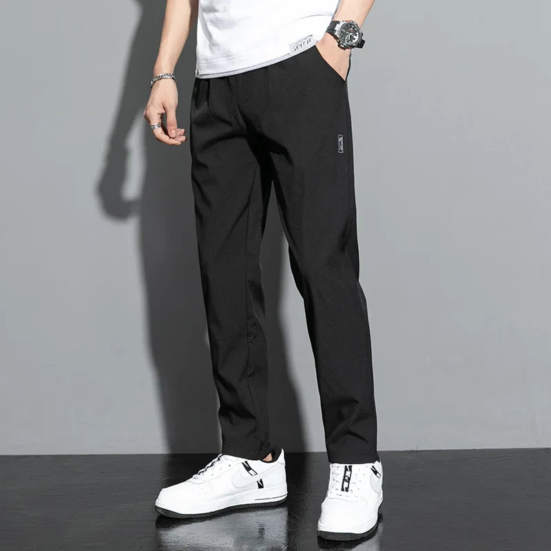 Ice Silk Men's Pants 2026 Summer New Black Gray Thin Business Casual Pants Outdoor Elastic Breathable Straight Leg Sweatpants