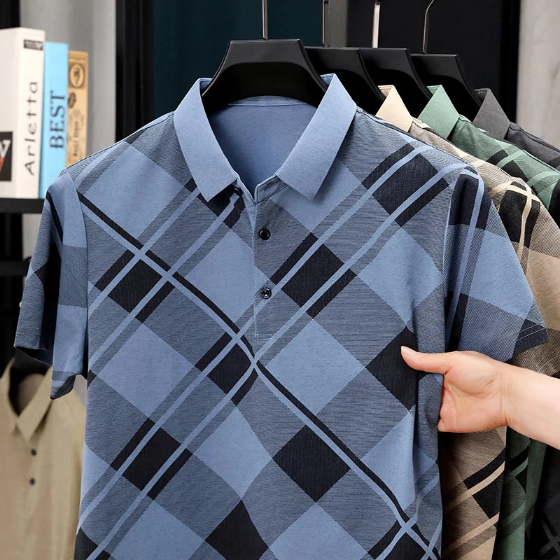 Mens Short Sleeve Big Tartan Diagonal Grid Printed Polo Tees Two Tone Placket Buttons Slim Fit Fashion Tops For Men