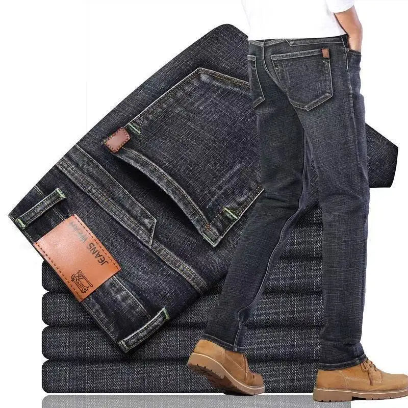 New Business Men's Jeans Casual Straight Stretch Fashion Classic Blue Black Work Denim Trousers Male Brand Clothing