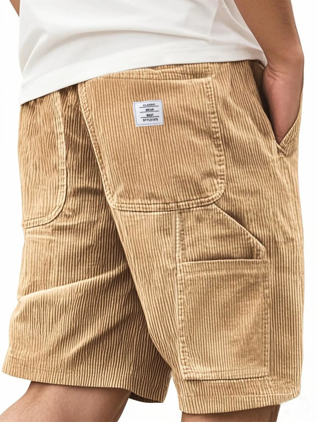 2026 Summer Men's Retro Corduroy Workwear Shorts Elastic Waist Multi-Pocket Casual Shorts Embroidery Daily Shorts For Male
