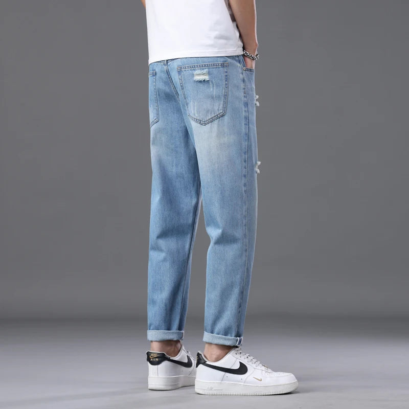 2026 Spring Summer Men's Ripped Jeans Cotton Trendy Straight Casual Denim Pants Trousers Outdoor Pastoral Outing