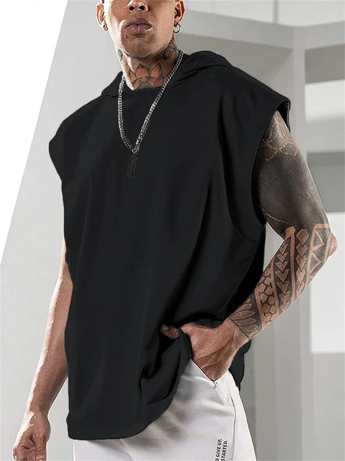 2025 Summer New High Quality Men's Sleeveless Hooded Sweatshirt Loose Vest Fitness Sports Leisure Street Vest M-3XL Size