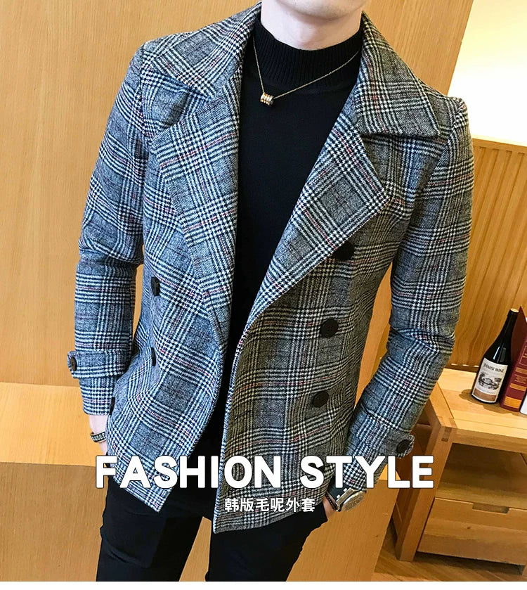 2022 new double-breasted trench coat Veste homme fashion retro tartan jacket autumn and winter men's slim short woolen coat